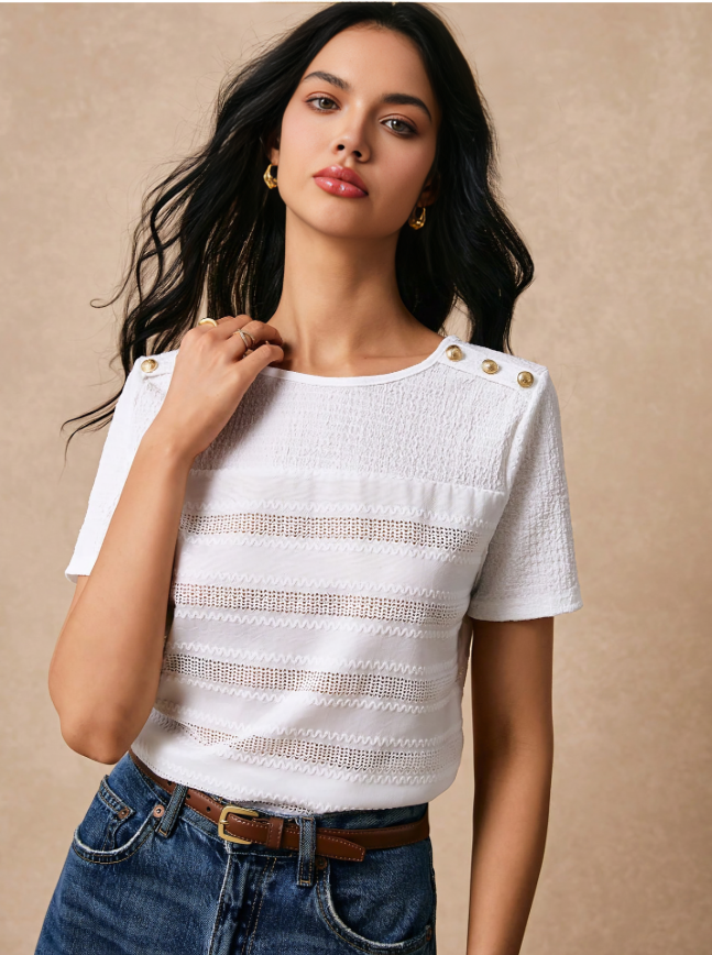 White Elegant Summer T-Shirt – Lace, Metal Accents & Timeless Style