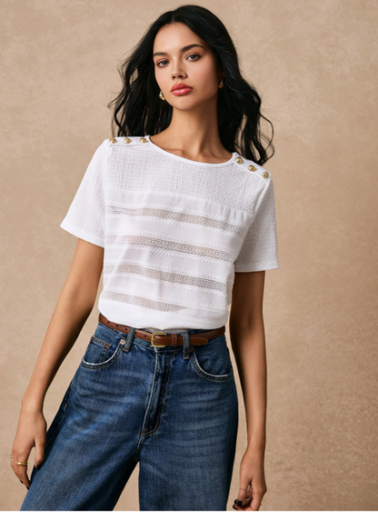 White Elegant Summer T-Shirt – Lace, Metal Accents & Timeless Style